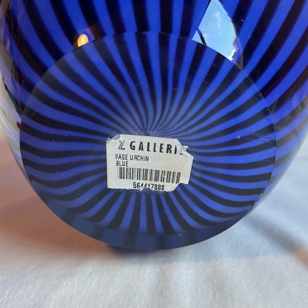 Rare Z Gallerie Art Glass Vase Urchin Blue and Black Stripes 7.5 LBS
